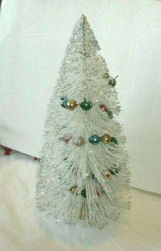 VINTAGE WHITE BOTTLE BRUSH CHRISTMAS TREE,  SILVER GLITTER,  MERCURY GLASS,  14 