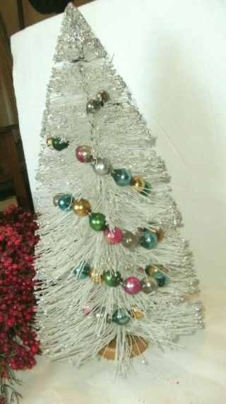 VINTAGE WHITE BOTTLE BRUSH CHRISTMAS TREE,  SILVER GLITTER,  MERCURY GLASS,  14 
