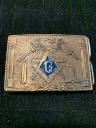 Freemason Belt Buckle Solid Bronze Klitzner 1978 Masonic Shriner Blue Enamel G