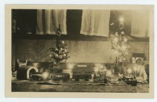 Toy Train Set Around Small Christmas Trees Vintage Snapshot Photo