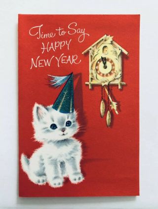Vintage Norcross Year Card White Kitty Cat Glitter Party Hat Clock