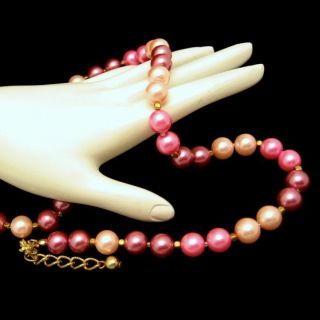 Vintage Pink Glass Faux Pearls Beads Necklace Pretty Pastels Colors Adjustable