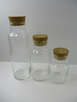 3 Vintage Round Clear Blown Glass Apothecary Jar Canister W Cork Lids Wedding