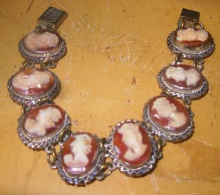 Vintage Shell Cameo Bracelet Set In Silver Tone 8 Cameos Italy