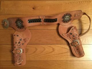 Vintage Wagon Train Double Holster Toy Brown Leather