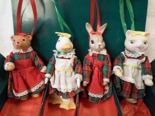 Vintage Christmas Ornament Set X 4 Animal Porcelain Dolls In Holiday Dress 5 "