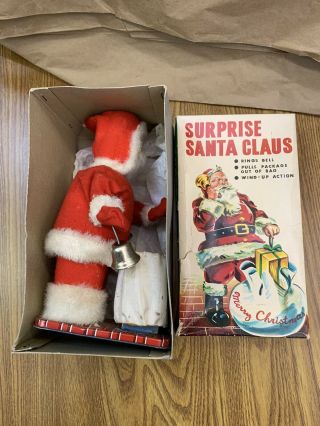 Vintage 1950’s Wind Up Surprise Santa Clause Tin & Cloth,  Japan Orig Box 2