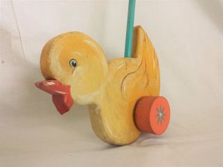 vintage PUSH ALONG WOOD CHILD TOY wooden DUCK PRIMITIVE hand painted 3