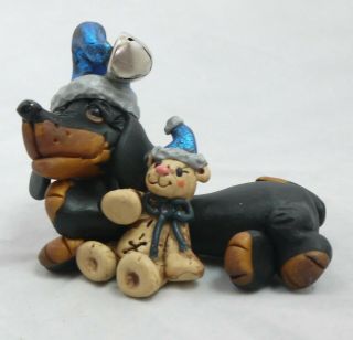 Santa Doxie & Teddy Bear Dachshund Figurine Collectibles Black & Tan Dogs Xmas