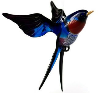 Glass Swallow Statue,  Middle Russian Blown Art Miniature Blue Bird Ornament