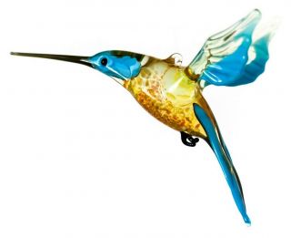 Glass Hummingbird Statue,  Middle Russian Blown Art Miniature Blue Bird Ornament