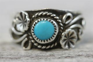 Vtg Indian Native American Turquoise Sterling Silver 925 Ring Flower Signed 8