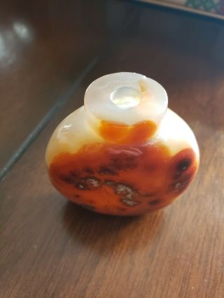 Old Chinese Agate Snuff Bottle,  No Lid.  Well Carved.  Footed Bottom.