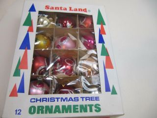 12 Vintage Christmas Tree Ornaments Santa Land Brand 1.  5 Inch Size