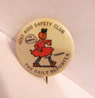 Just Kids Safety Club Marjory Pinback Button 1930s Daily Reporter Whitehead Hoag