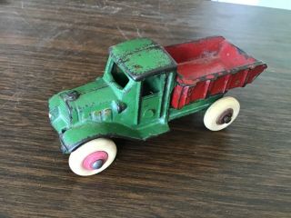 Old Hubley? Cast Iron Toy Dump Truck In Green And Red Paint About 5”
