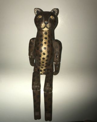 Handcrafted Leopard Jointed Shelf Sitter Folk Art Carved Painted Wooden Gift