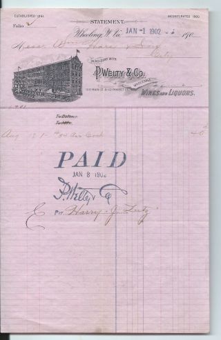 1902 Engraved Bill Head Statement - P.  Welty & Co.  - Wine & Liquors - Wheeling,  Wv