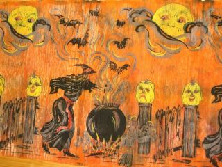 Vtg Dennison Halloween Crepe Paper 114 " X 20 " Witch Cauldron Bats Moon