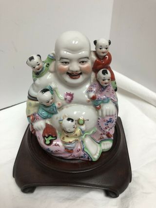 Chinese Famille Rose Porcelain Happy Buddha Figure Five Children,  5 3/4 Tall