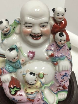Chinese Famille Rose Porcelain Happy Buddha Figure Five Children,  5 3/4 tall 2