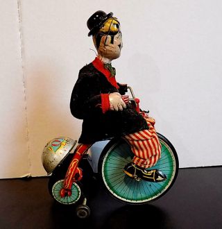 Vintage Tinplate Clockwork Gay 90’s Cyclist On High Wheel Tricycle,  Tps,  Japan.