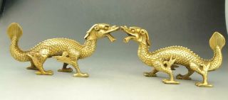 A Pair Chinese Old Fengshui Copper Hand Carved Zodiac Dragon Statue E02