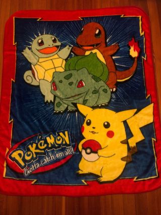 Vintage Pokemon Plush Throw Blanket - Pikachu Charmander Squirtle Bulbasaur Gen 1