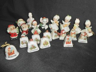 21 Vintage Enesco Japan Miniature Angel Santa Bells X - Mas Bone China Figurines
