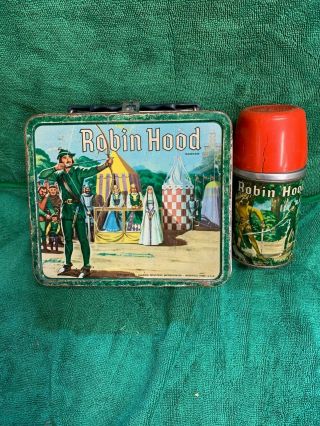 Vintage 1956 " Robin Hood " Errol Flynn Metal Aladdin Lunchbox With Thermos