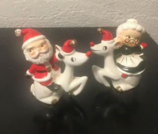 Santa & Mrs Claus On Reindeer Christmas Salt And Pepper Shakers Japan Rare