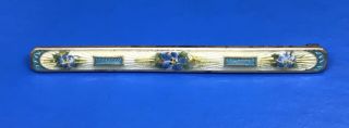2 1/4” Guilloche Blue Flowers Sterling Silver.  925 Enamel Bar Pin Brooch