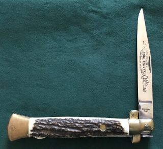 Large Vintage Italy Edge Knives Co.  Stiletto Folding Knife 14.  6 Inch Long Stag.