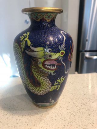 Antique Cloisonné Vase Yellow 5 Toed Enamel Dragon 6” Oriental Chinese Vase