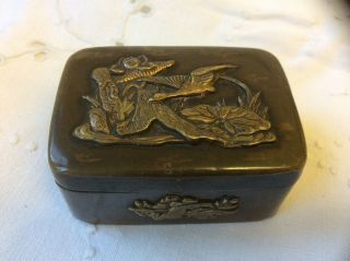 Antique Oriental Chinese Japanese Bronze Snuff Pill Trinket Box Decorated Birds