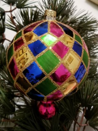 Christopher Radko Christmas Ornament 6 " Harlequin Ball W Finial Jewel Colors