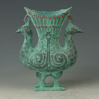 Exquisite Old Chinese Bronze Handwork Carved Double Peacock Shape Vase