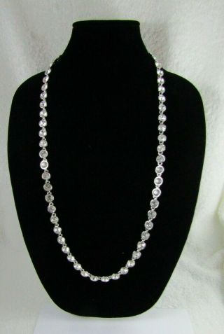 Round Clear Glass Rhinestone Silver Tone Long Costume Necklace 34 "