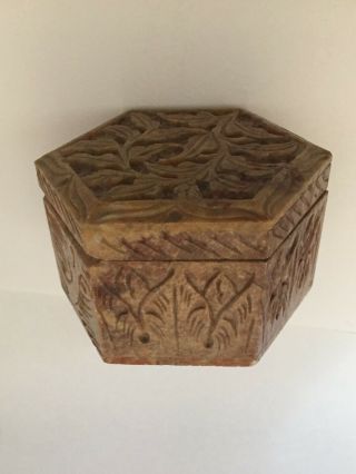 Hand Carved Jewelry Floral Motif Trinket Box - Soap Stone Hexagon Hinged