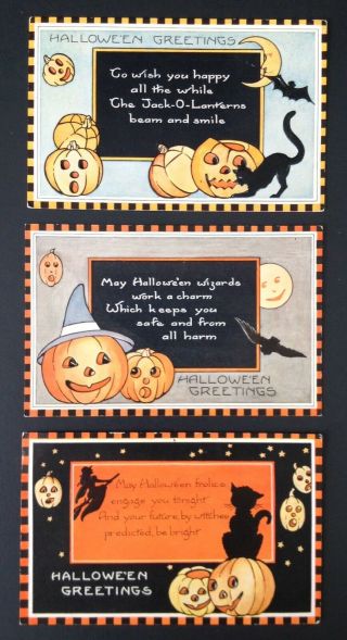 Vintage Whitney Halloween Postcards (3) Checkered Borders,  Great Jack - O - Lanterns