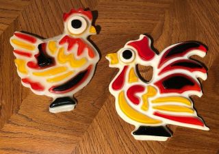 Mid Century Matching Pair Lucite Rooster & Chicken Wall Plaques Vintage