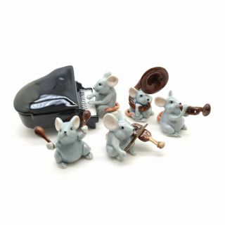 5 Rat Mouse Mice Figurine Ceramic Animal Statue Musical - Fg091