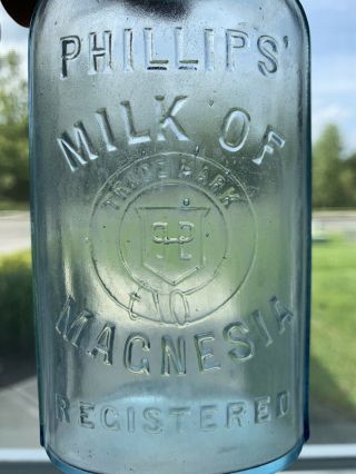 Antique Phillips Milk Of Magnesia Blue Medicine Apothecary Drug Cork Top Bottle 2