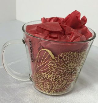 Starbucks Clear Glass Mug W Handle Tea Cup 14oz Gold Butterfly