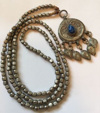 Old Vintage Silver Lapis Blue Kashmiri India Tribal Middle East Necklace 105 Gr