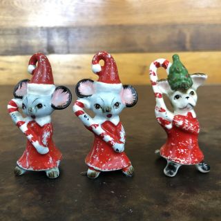 Vintage Set (3) Christmas Candy Cane Holding Mouse And Dog Figurine