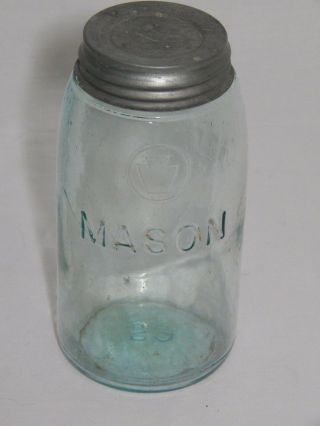 Keystone Mason Canning Jar Circa 1869 - 1871 Aqua With Milk Glass Lined Zinc Lid
