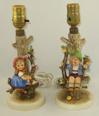 Vintage Hummel Table Lamps W/shades " Apple Tree Boy & Girl " Hum 229/230 Tmk 3