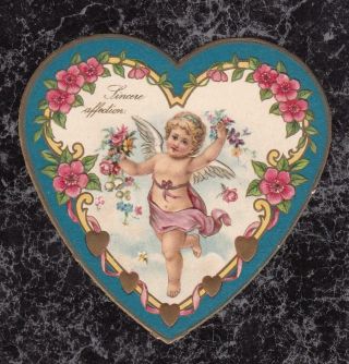Victorian Valentine Card Die Cut Embossed Heart Cherub In Wild Rose Border
