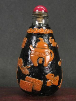 Chinese " Bo Gu " Carved Peking Overlay Glass Snuff Bottle